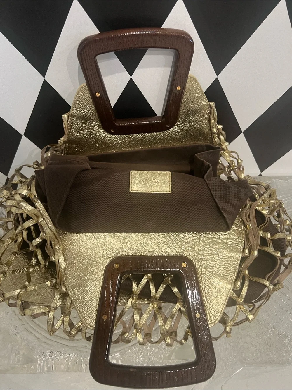 Dolce & Gabbana Gold Metallic Net Tote with Brown Interior Trim